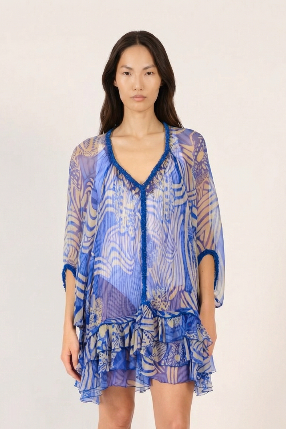 Blue Japonism poncho – Poncho Nava by Poupette St Barth, front view