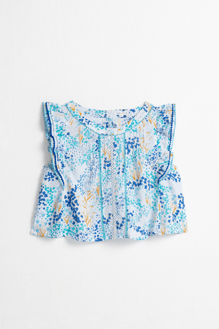Kids Adeh Top by Poupette St Barth featuring a white and blue tulip design, front view of the children's shirt.