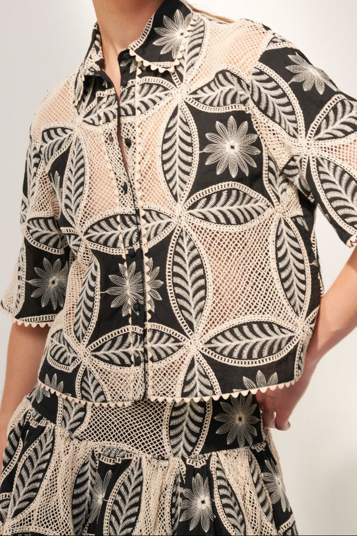 Black shirt – Shirt Java by Poupette St Barth, three-quarter view of crochet mesh panels