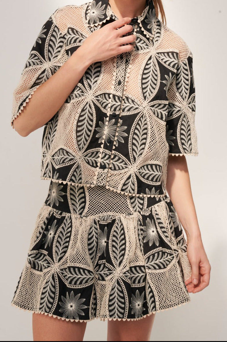 Black shirt – Shirt Java by Poupette St Barth, front view with matching embroidered mini skirt