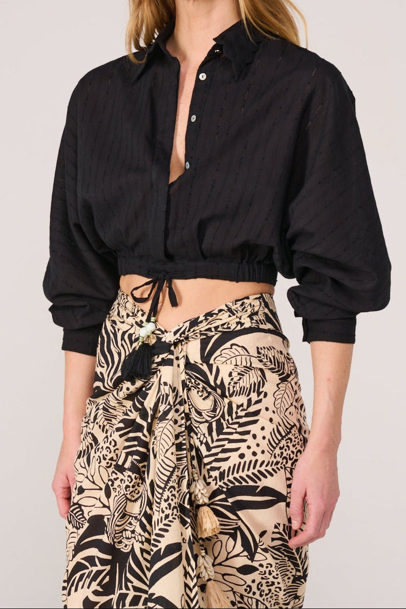 Black shirt – Shirt Alma by Poupette St Barth, front view of cropped drawstring hem