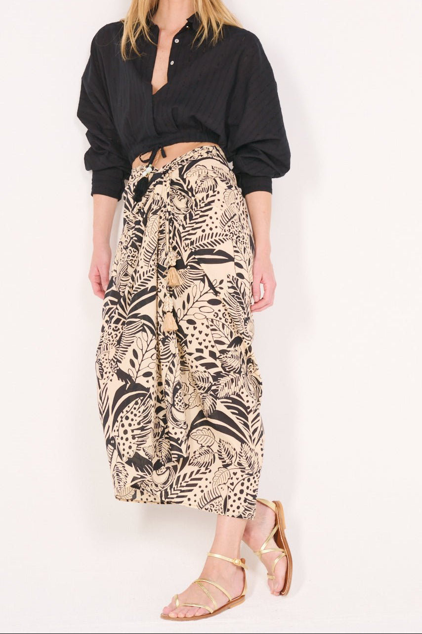 Black shirt – Shirt Alma by Poupette St Barth, full-length view with printed sarong skirt
