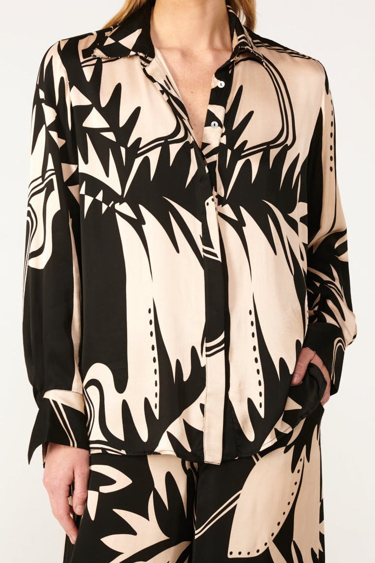 Black Oasis shirt – Shirt Eileen by Poupette St Barth, front view with matching trousers
