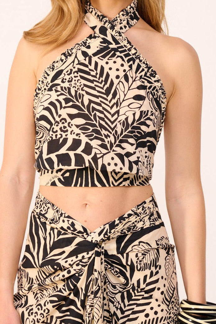 Black Toucan top – Top Suma by Poupette St Barth, front view of crossover halter neck