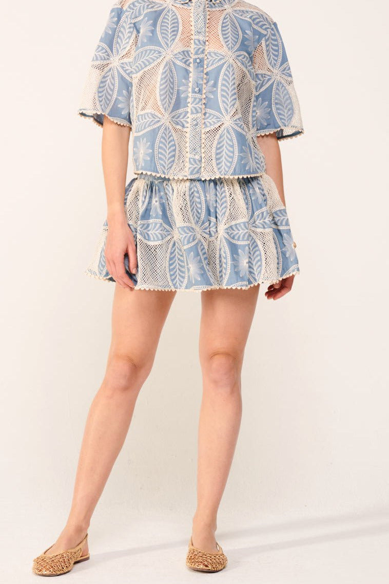 Blue shirt – Shirt Java by Poupette St Barth, full-length view with matching mini skirt