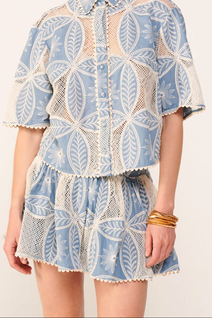 Blue cotton eyelet Mandala shirt from Poupette St Barth's Shirts and Tops collection, featuring a relaxed fit and intricate detailing.