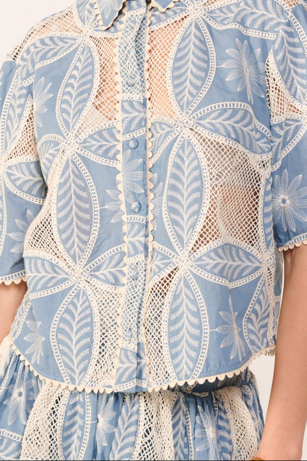Poupette St Barth blue cotton eyelet Java shirt with mandala design, long sleeves, and relaxed fit.