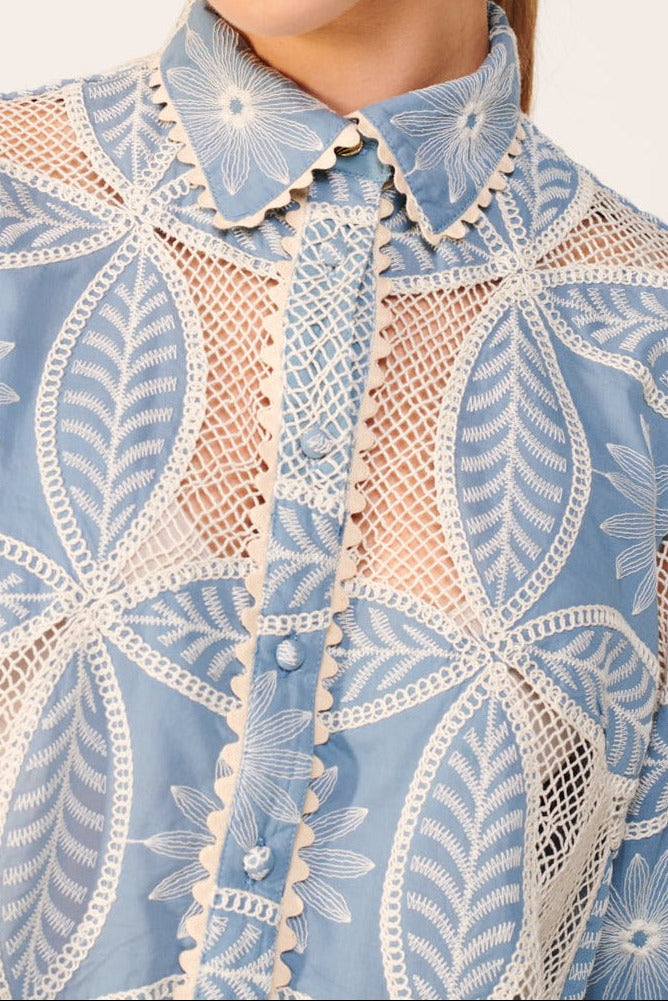 Blue cotton eyelet mandala shirt from Poupette St Barth, casual style, featuring intricate eyelet details and a relaxed fit.