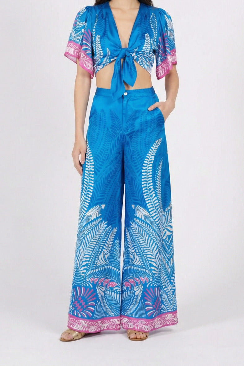 Blue Oolong top – Top Rose by Poupette St Barth, full-length view with matching wide-leg trousers