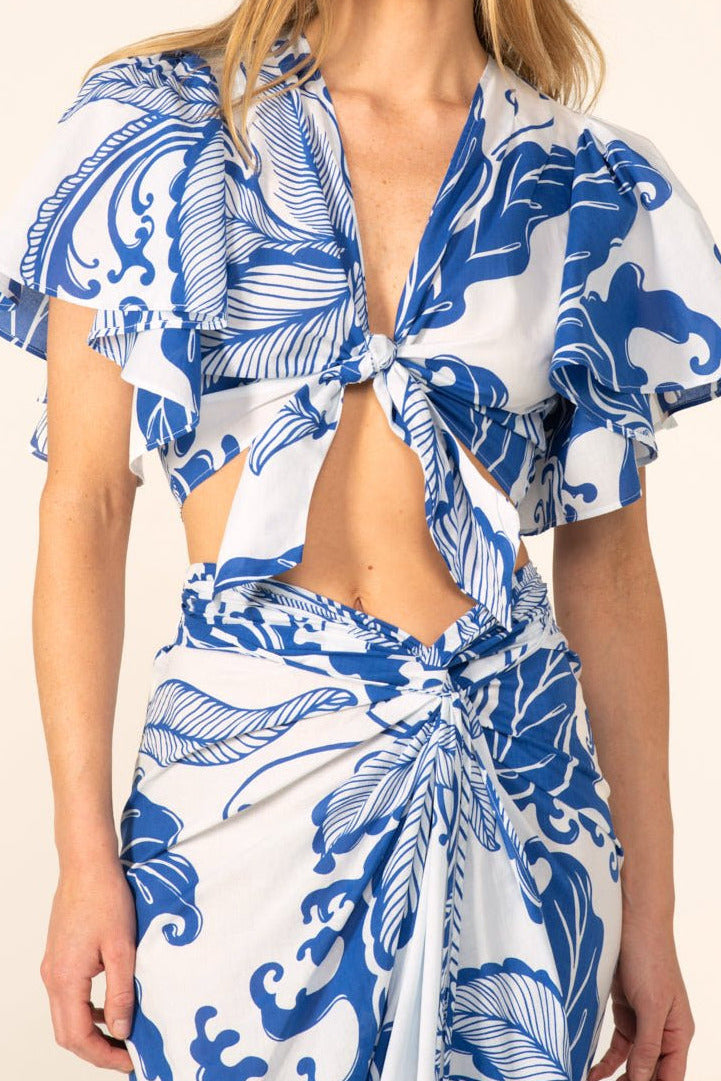 Blue Reef Wave top – Top Rose by Poupette St Barth, front view with knot tie and flutter sleeves