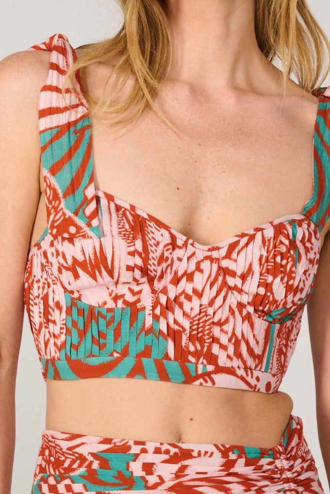 Brick Japonism top – Top Carla by Poupette St Barth, close-up of sweetheart bodice and tie straps