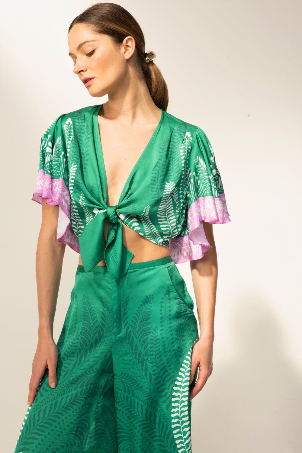 Green Oolong top – Top Rose by Poupette St Barth, styled with matching wide-leg trousers