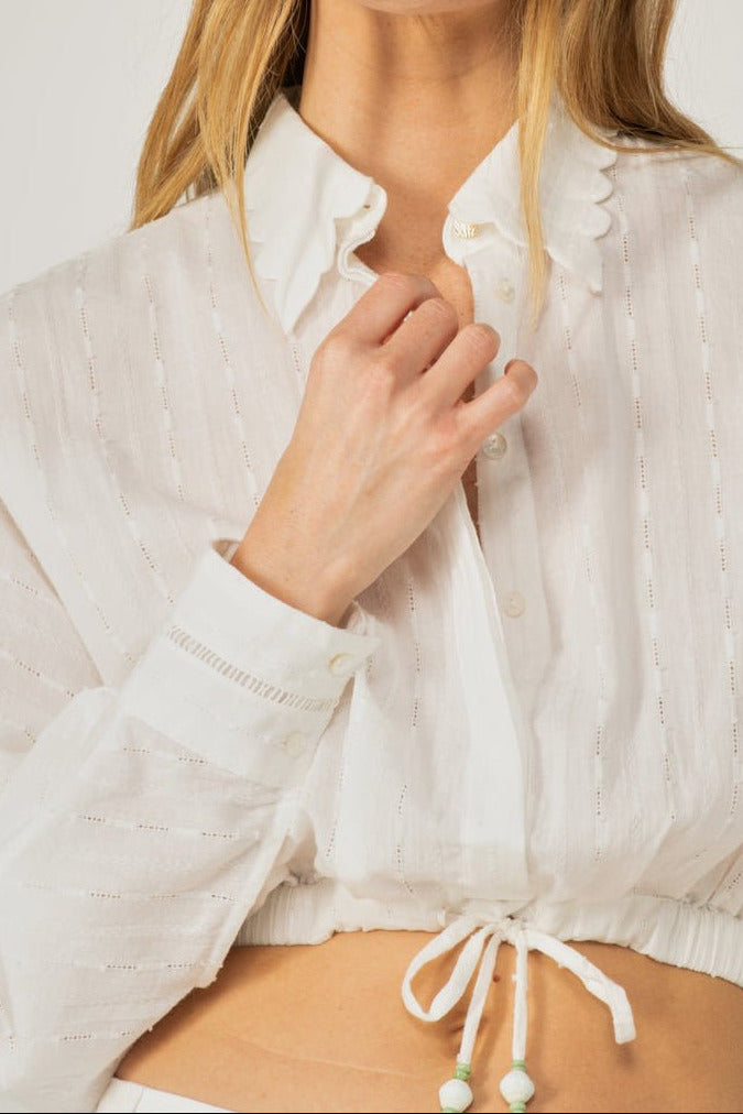 Natural white cotton eyelet stripe shirt from Poupette St Barth, Alma style, featuring a classic top design with delicate eyelet details.