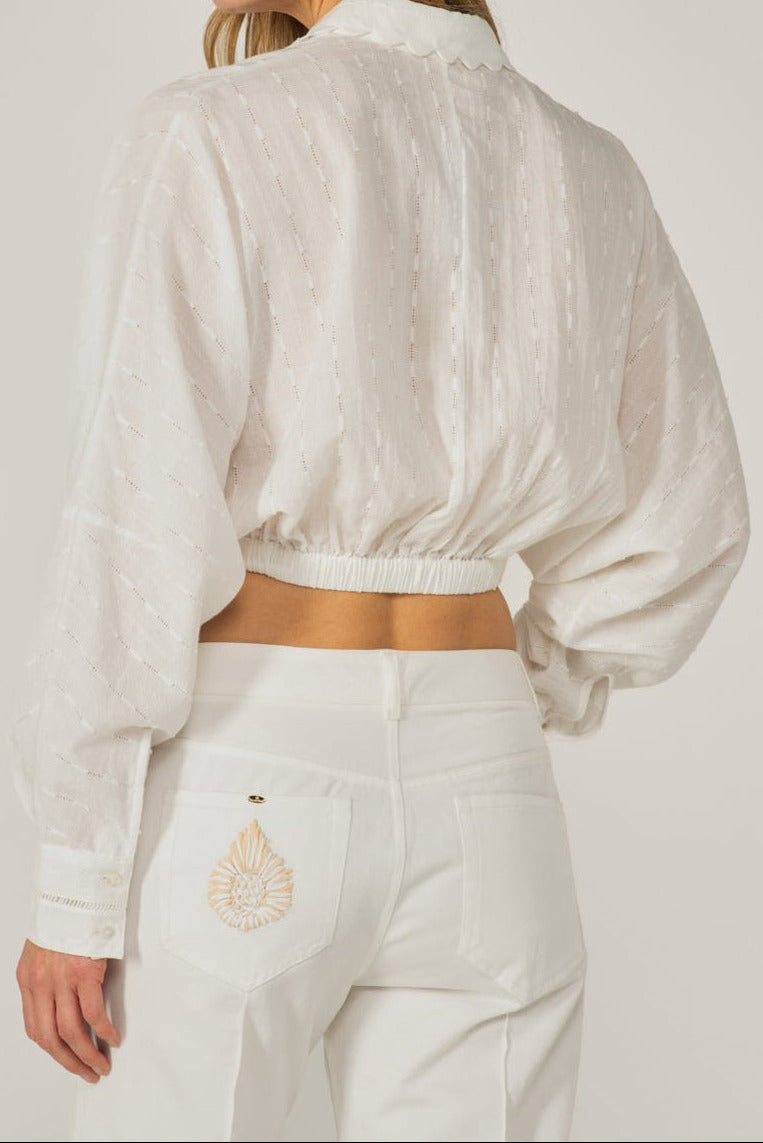 Poupette St Barth Alma Natural White cotton eyelet striped shirt, casual top with lightweight fabric and classic design.