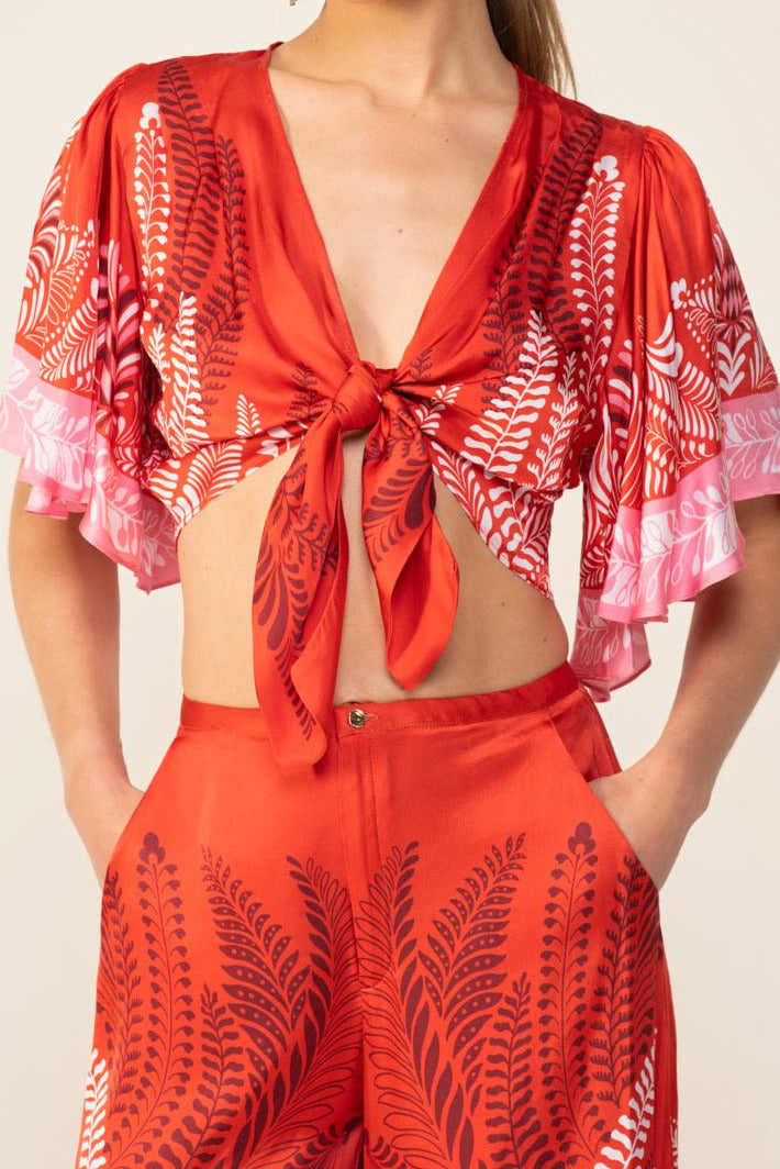 Orange Oolong top – Top Rose by Poupette St Barth, front view with tie front and flutter sleeves