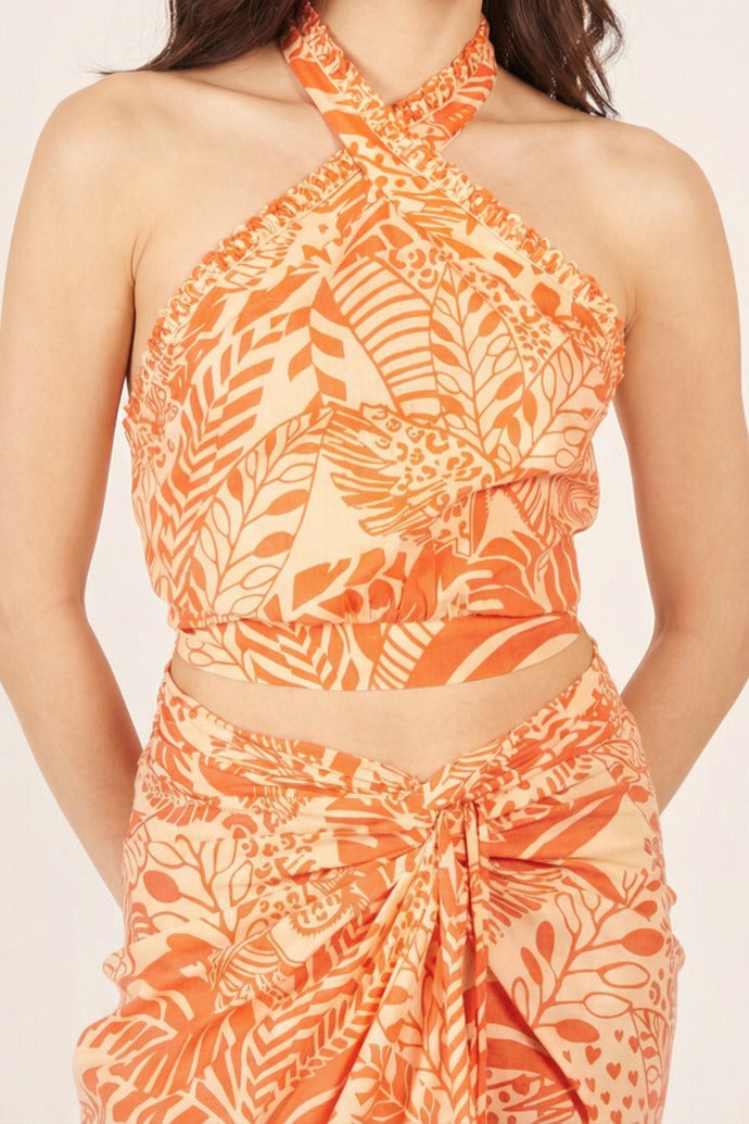 Orange Toucan top – Top Suma by Poupette St Barth, front view of crossover halter neck