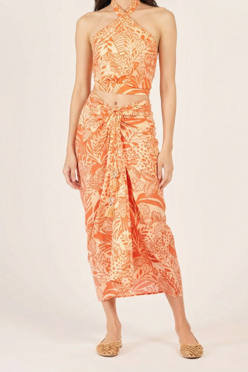 Orange Toucan top – Top Suma by Poupette St Barth, full-length view with matching wrap midi skirt