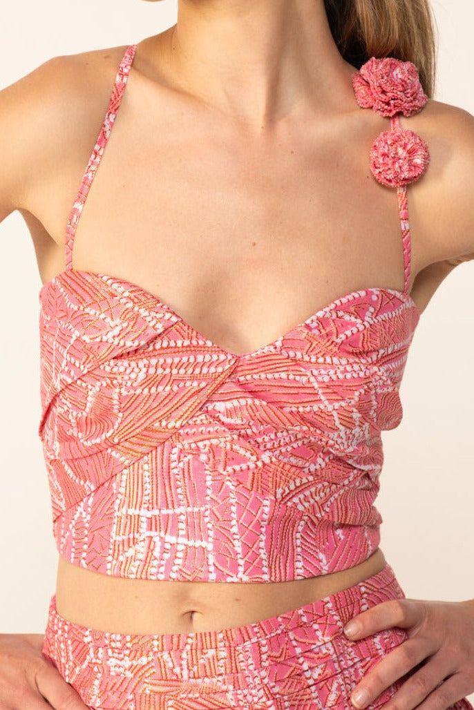 Pink Akoya top – Top Palmire by Poupette St Barth, front view with rosette strap