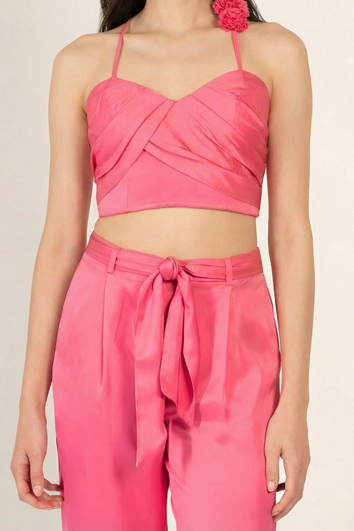 Raspberry Sorbet top – Top Palmire by Poupette St Barth, front view with rosette strap, matching trousers