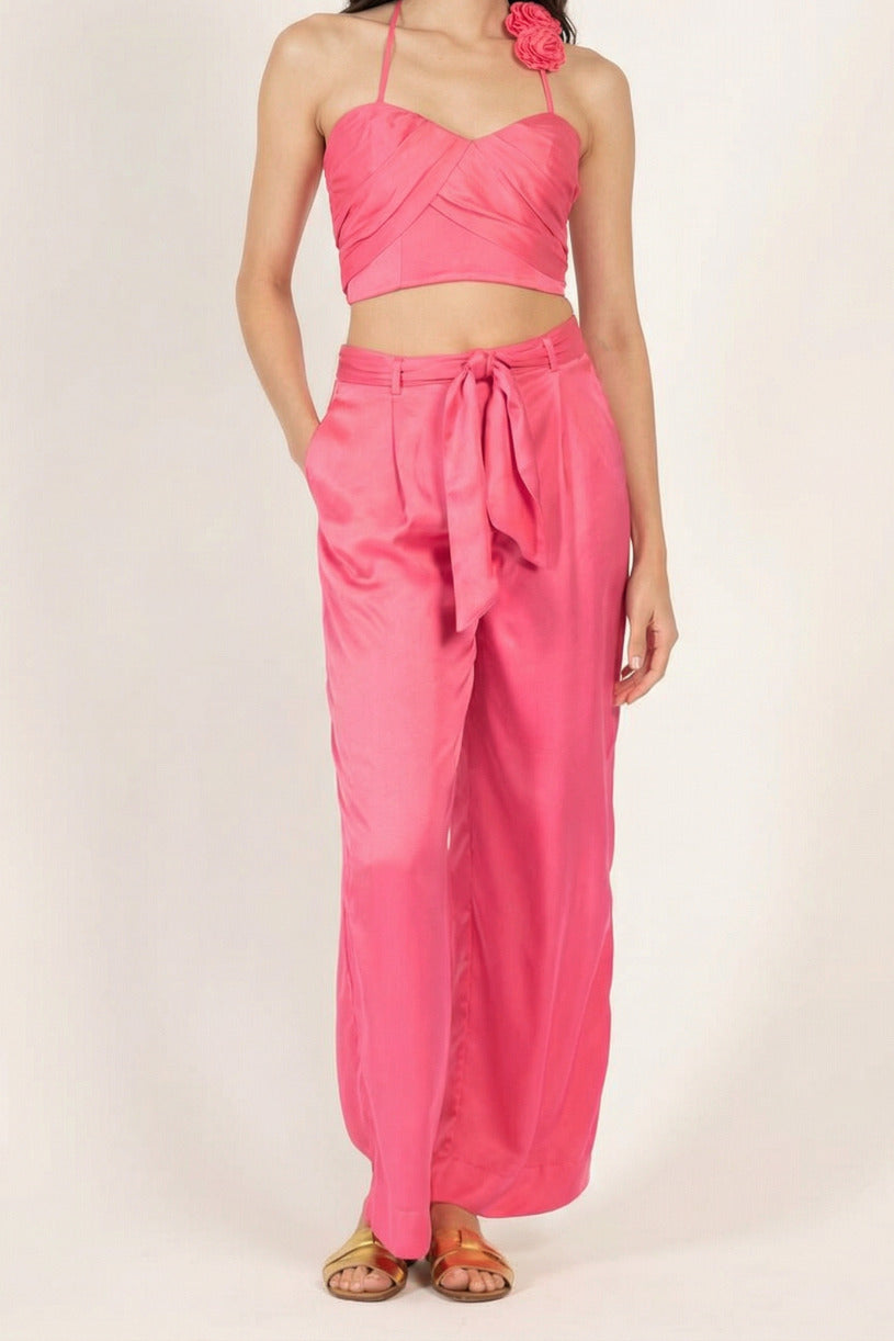 Raspberry Sorbet top – Top Palmire by Poupette St Barth, full-length view styled with matching tie-waist trousers