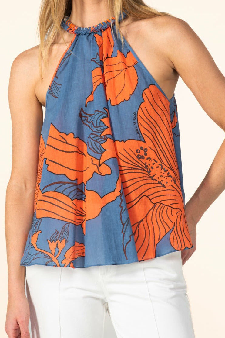 Blue Hibiscus top – Top Cleo by Poupette St Barth, front view with gathered halter neck
