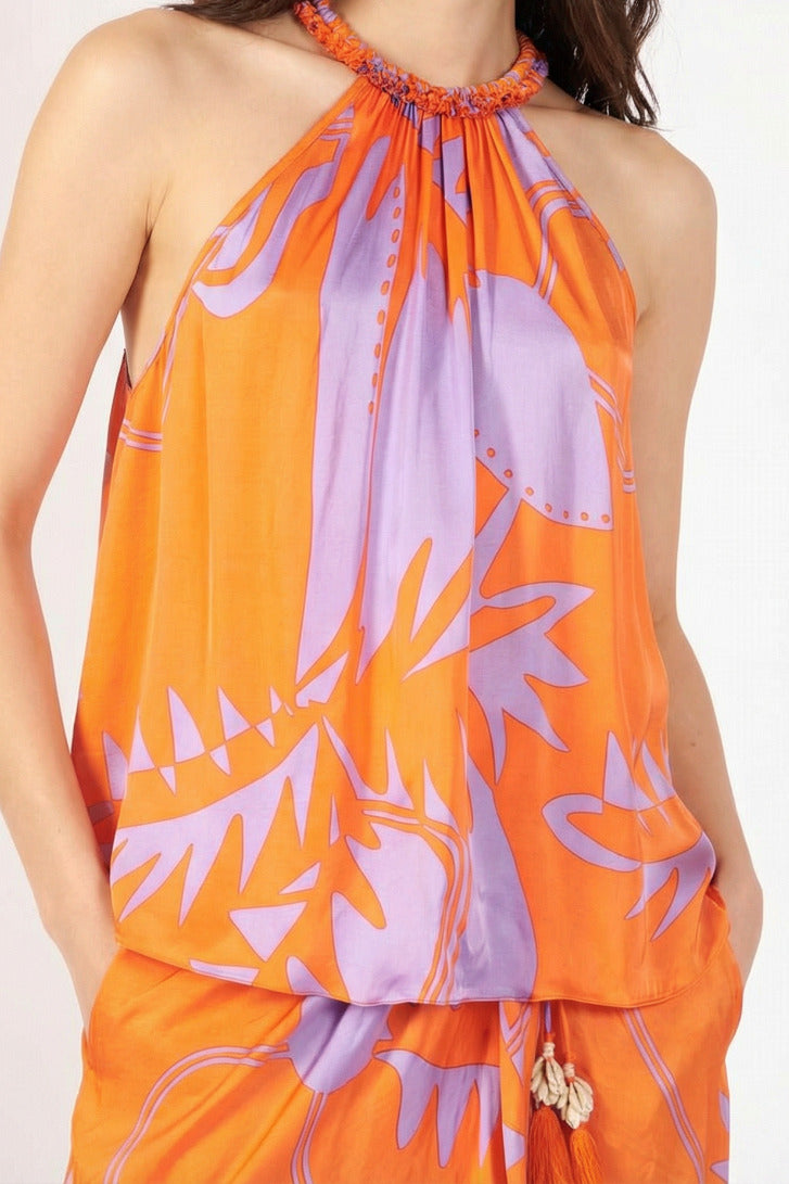 Orange Oasis top – Top Cleo by Poupette St Barth, front view with beaded halter neckline