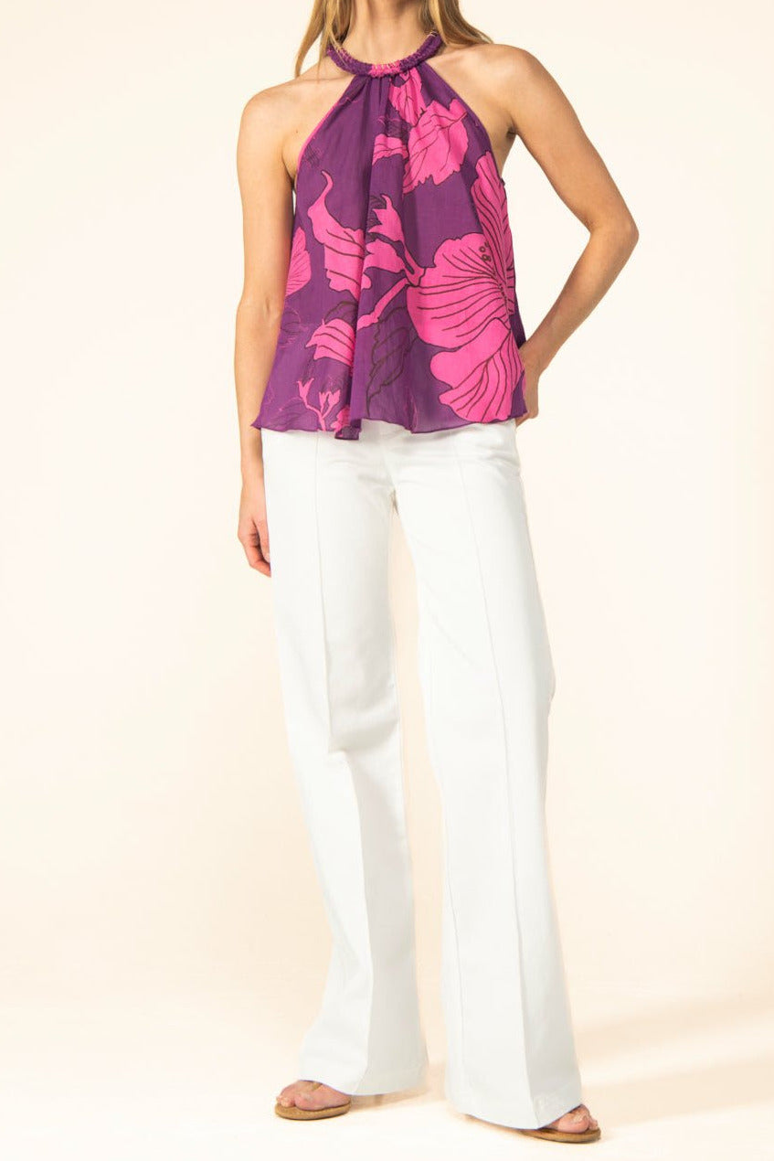 Purple Hibiscus top – Top Cleo by Poupette St Barth, full-length view with white flared trousers