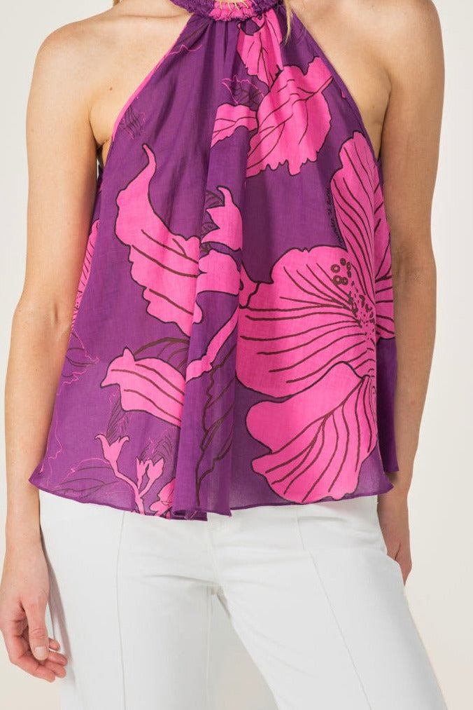Purple Hibiscus top – Top Cleo by Poupette St Barth, front view of the gathered halter neckline