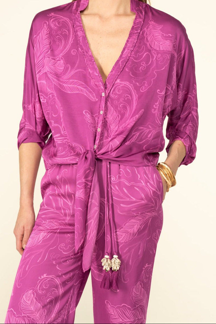 Purple Reef shirt – Shirt Azia by Poupette St Barth, front view with tasseled tie belt, matching trousers