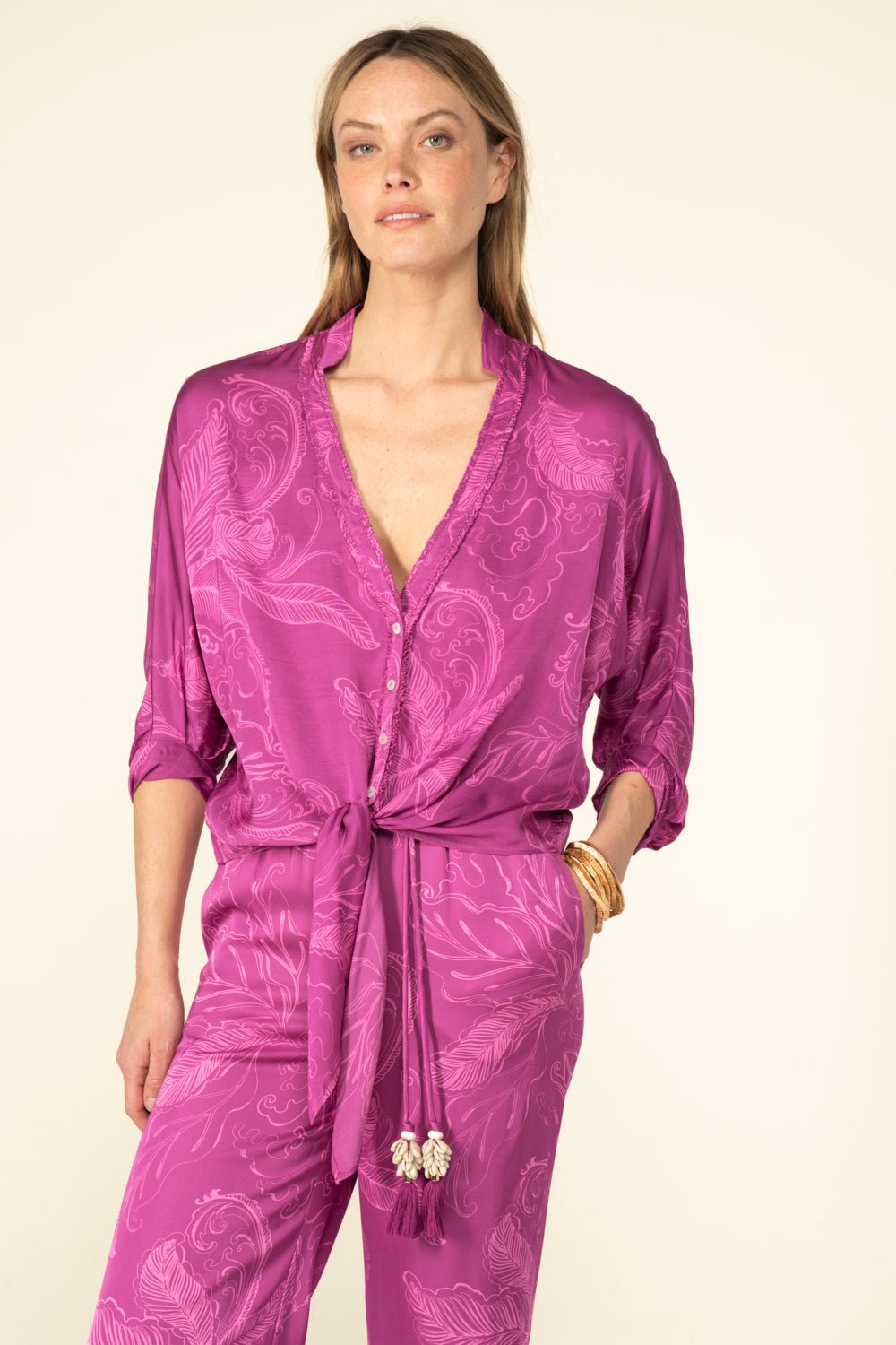 Purple Reef Azia shirt by Poupette St Barth, featuring lightweight fabric and relaxed fit, displayed on a hanger.