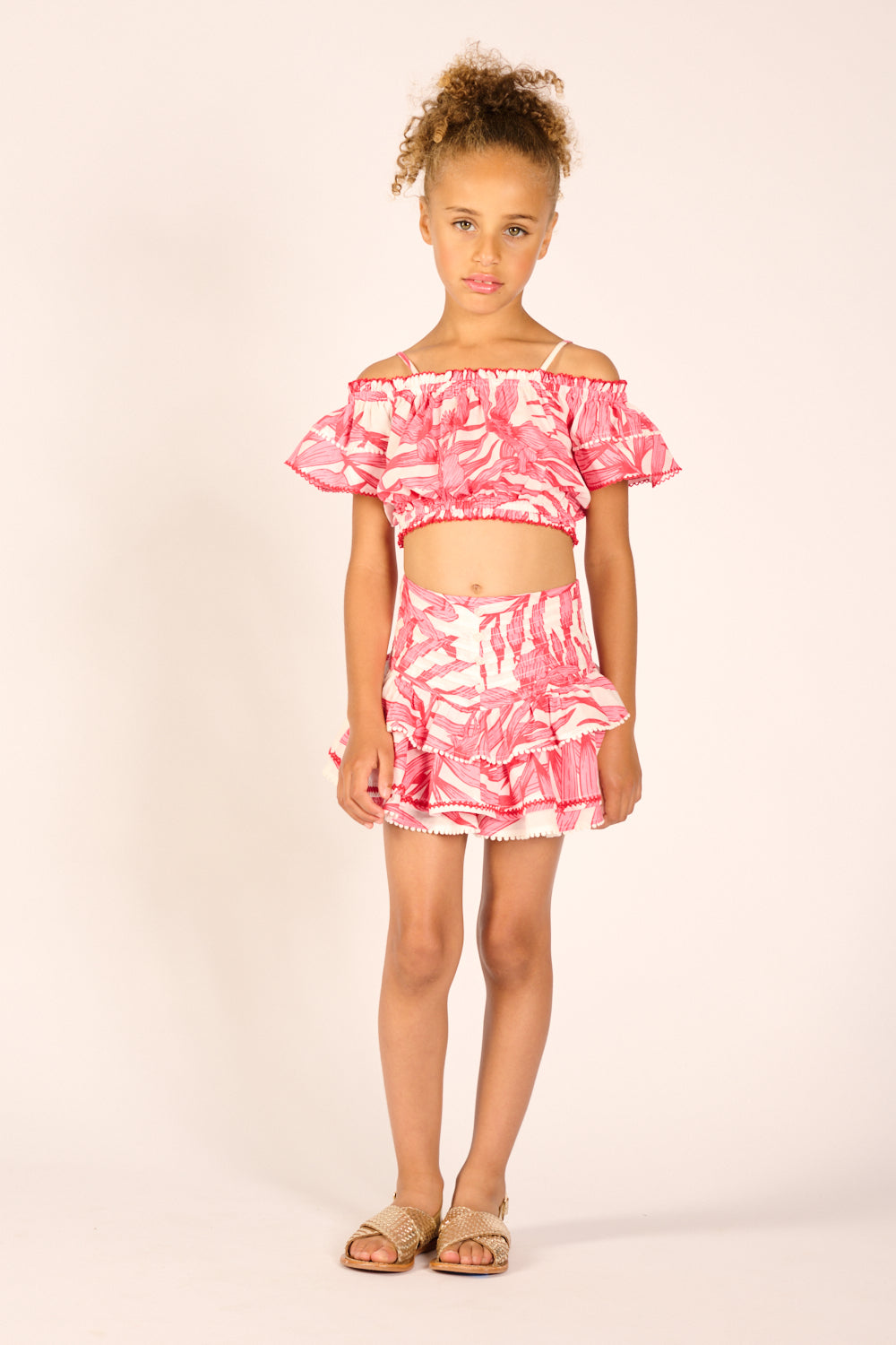 Girls' Pink Palm Leaf skirt – Mini Skirt Alizee by Poupette St Barth, front view