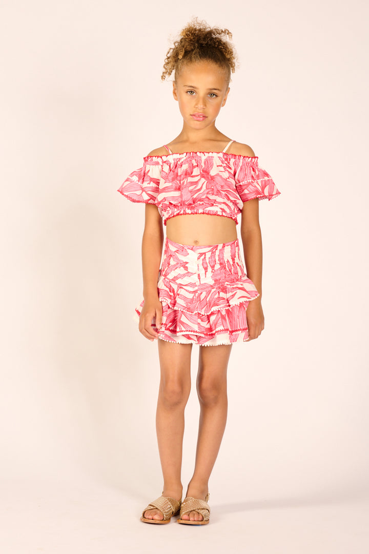 Girls' Pink Palm Leaf skirt – Mini Skirt Alizee by Poupette St Barth, front view
