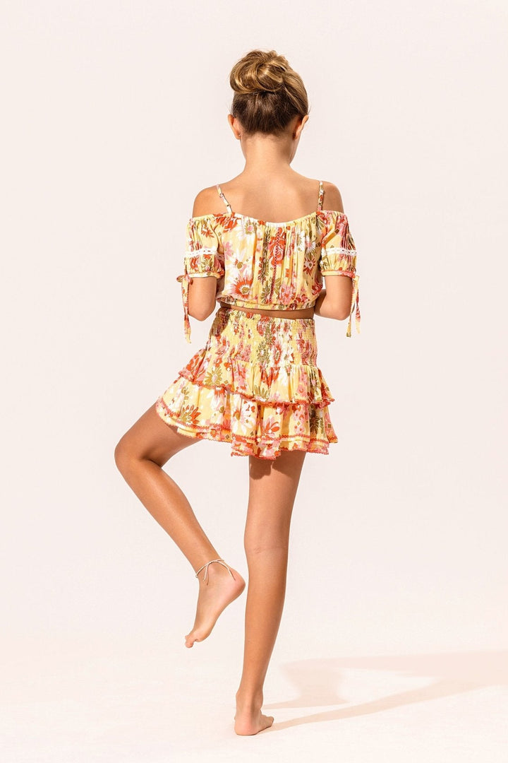 Yellow kids mini skirt by Poupette St Barth, Alizee 90's style, featuring a playful, vibrant design perfect for young children.