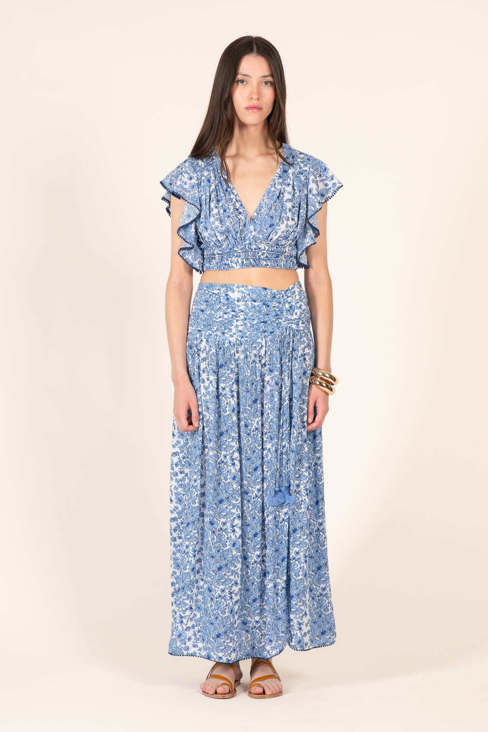 Blue Aquaflora skirt – Long Skirt Carla by Poupette St Barth, front view