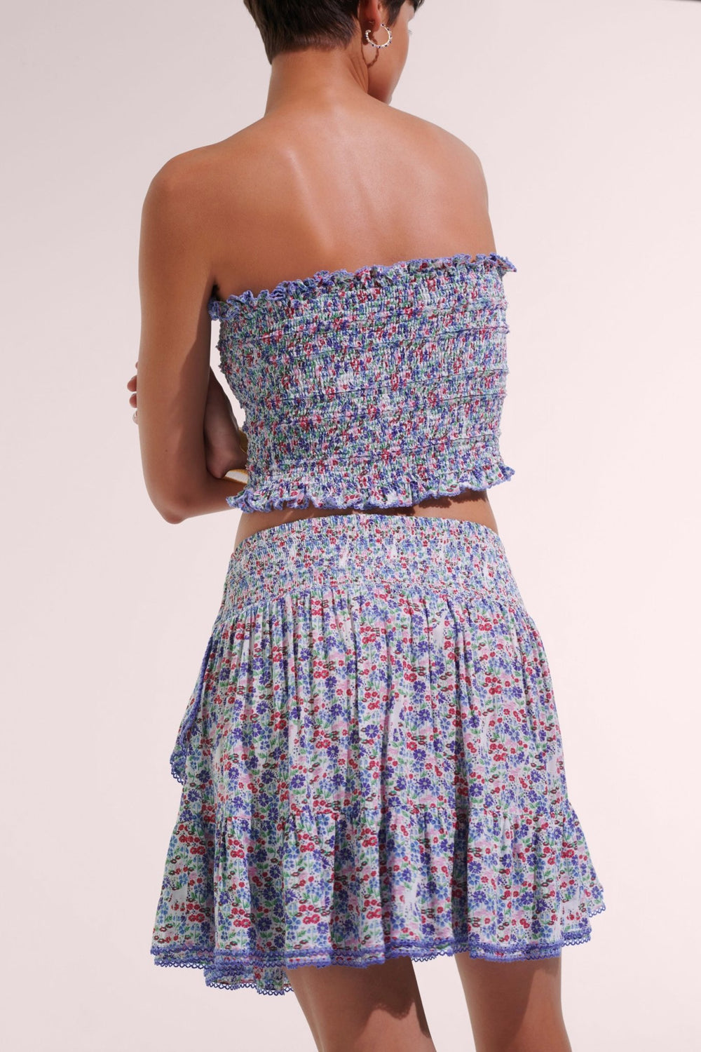 Blue viscose Mini Skirt Mabelle by Poupette St Barth, featuring a stylish blue jardin pattern and a fitted, mini length design.