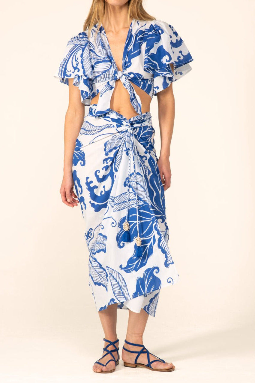 Long blue reef wave cotton skirt Uma by Poupette St Barth, featuring a flowing design and vibrant ocean-inspired pattern.