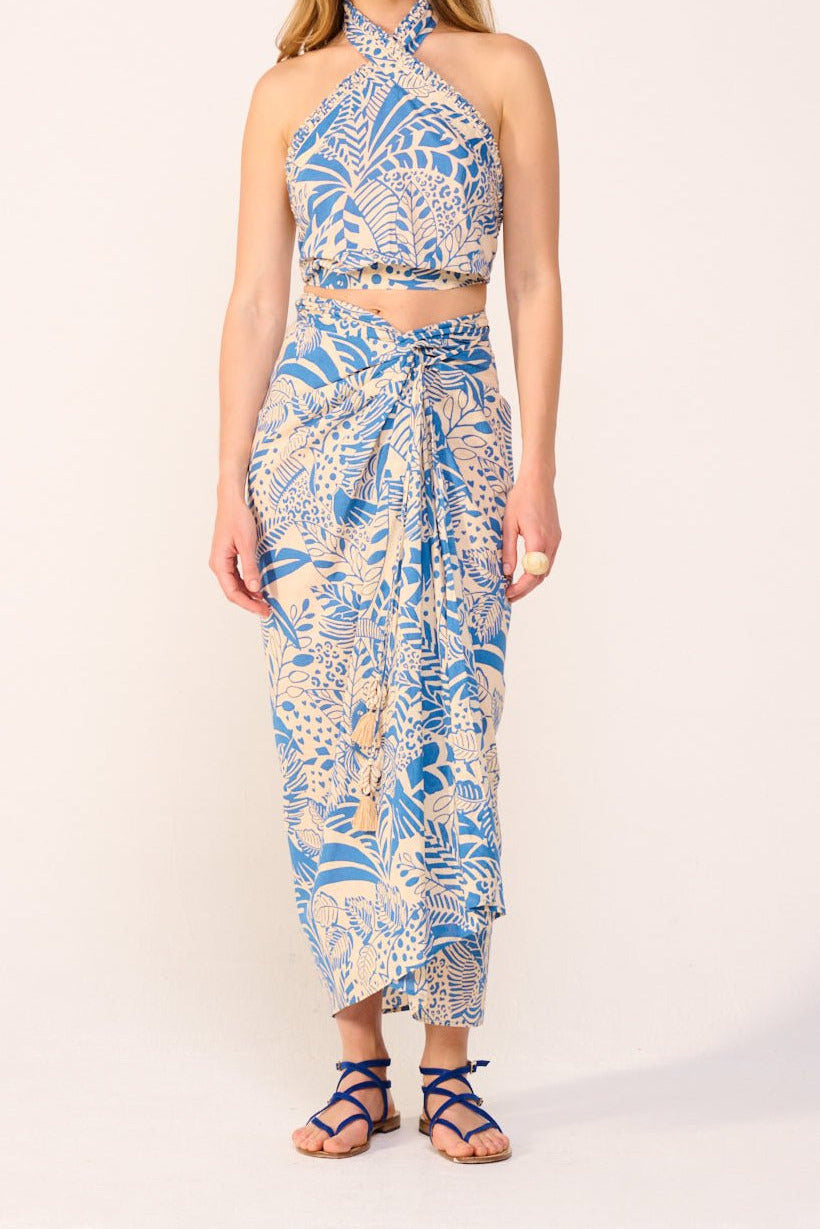 Blue Toucan skirt – Long Skirt Uma by Poupette St Barth, front view styled with matching halter top