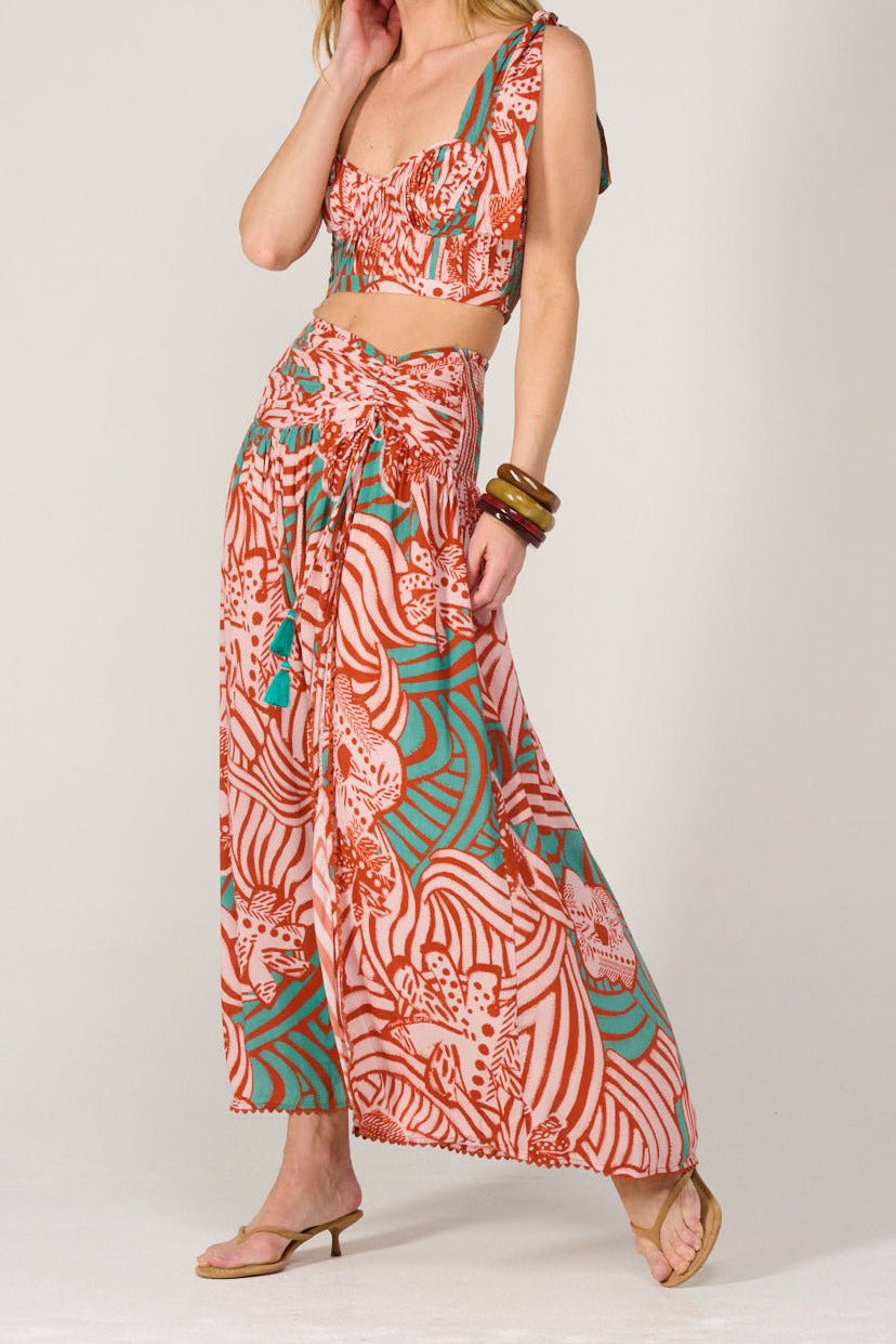 Long Carla skirt by Poupette St Barth in brick Japonism print, made of viscose, featuring a flowing, elegant design.