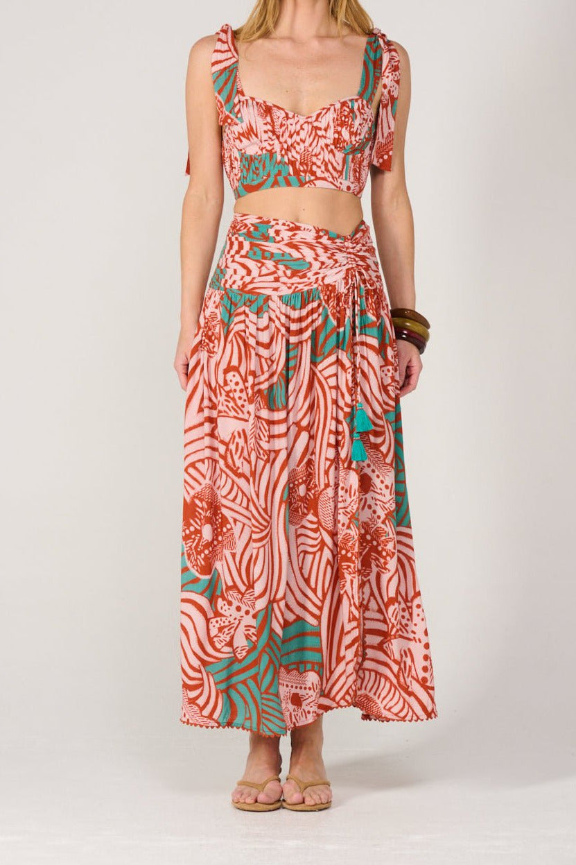 Long Brick Japonism skirt by Poupette St Barth, featuring a flowy viscose fabric and elegant design in a rich brick color.