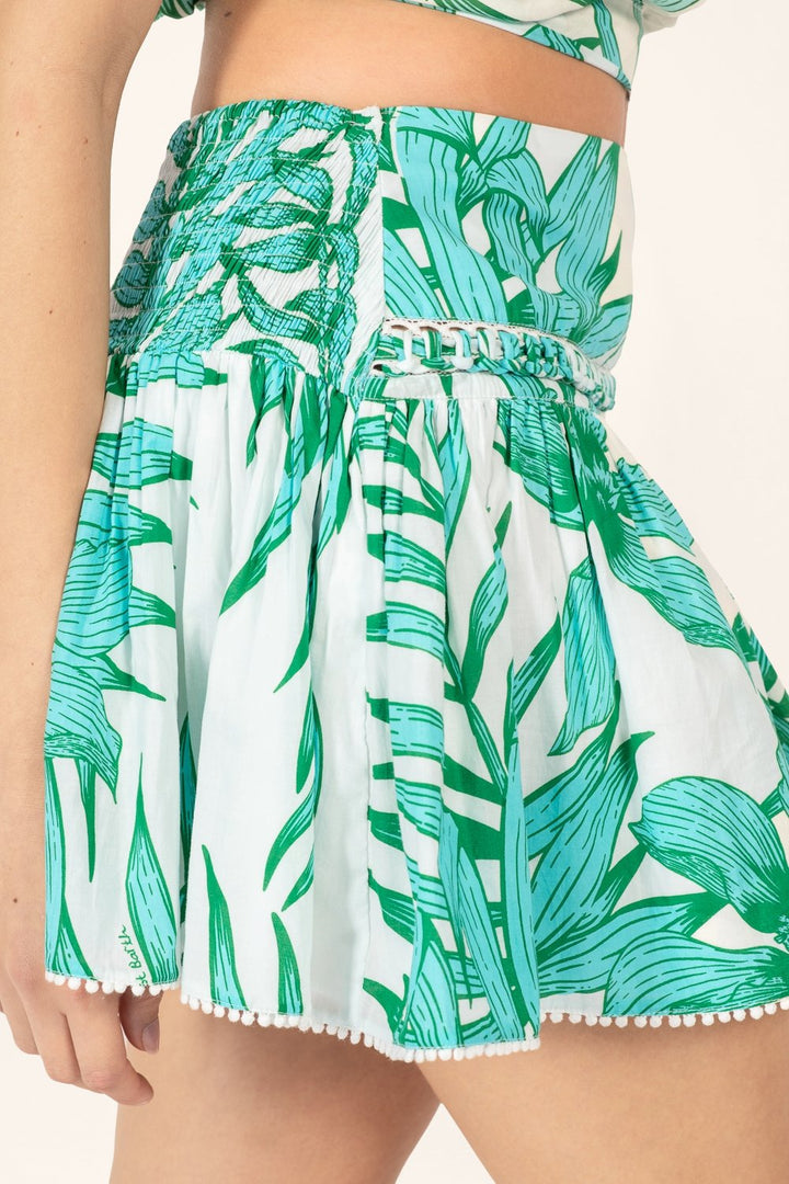 Green Palm Leaf skirt – Mini Skirt Angele by Poupette St Barth, fabric detail