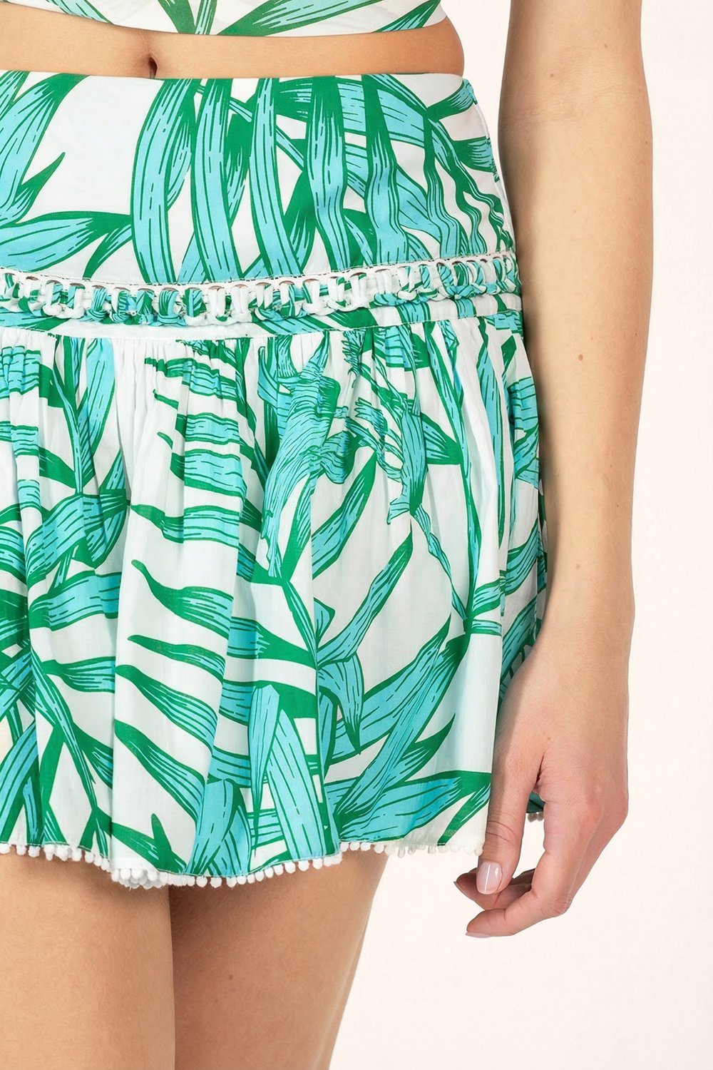 Green Palm Leaf skirt – Mini Skirt Angele by Poupette St Barth, fabric detail