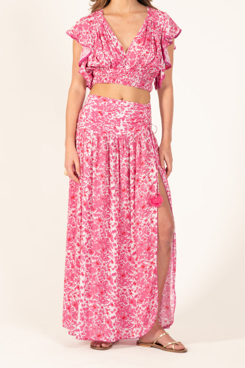 Pink viscose long skirt Carla by Poupette St Barth, featuring a flowy design and vibrant Aquaflora color.