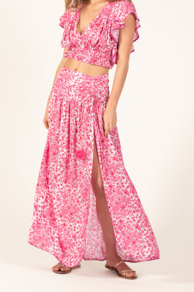 Pink Aquaflora Long Skirt Carla by Poupette St Barth, made of viscose, flowing design with a relaxed fit and vibrant color.
