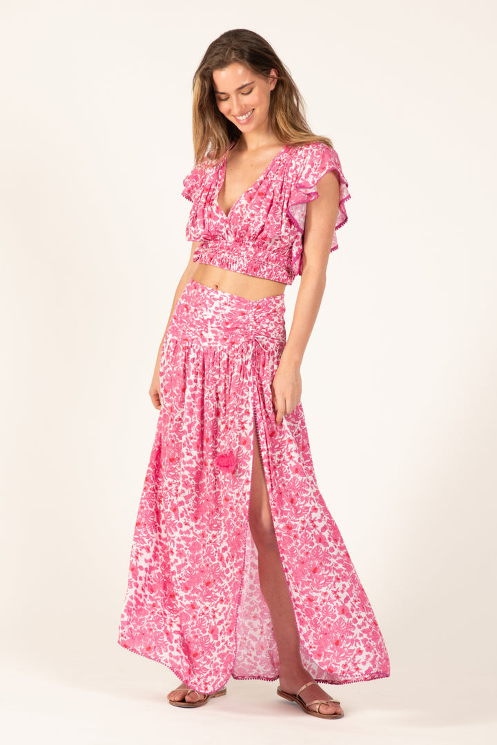 Pink Aquaflora skirt – Long Skirt Carla by Poupette St Barth, front view
