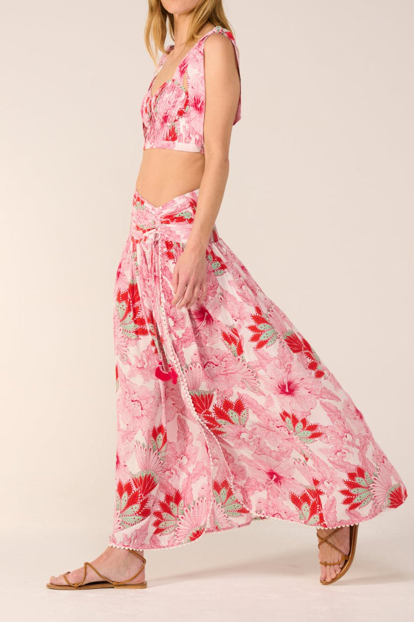 Pink Padang skirt – Long Skirt Carla by Poupette St Barth, walking view styled with matching top