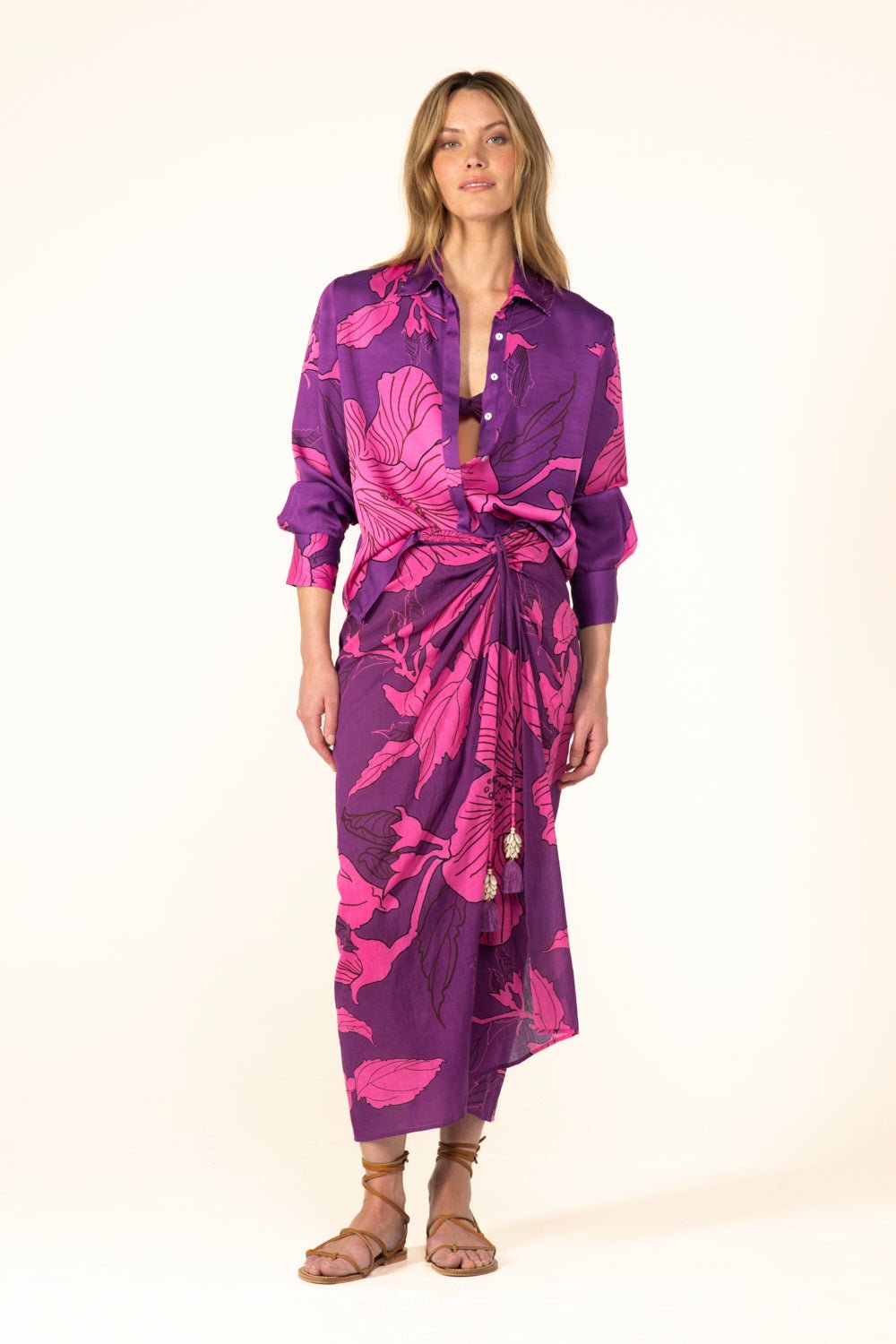 Long Uma purple hibiscus skirt by Poupette St Barth, flowing fabric with floral design and elegant silhouette.