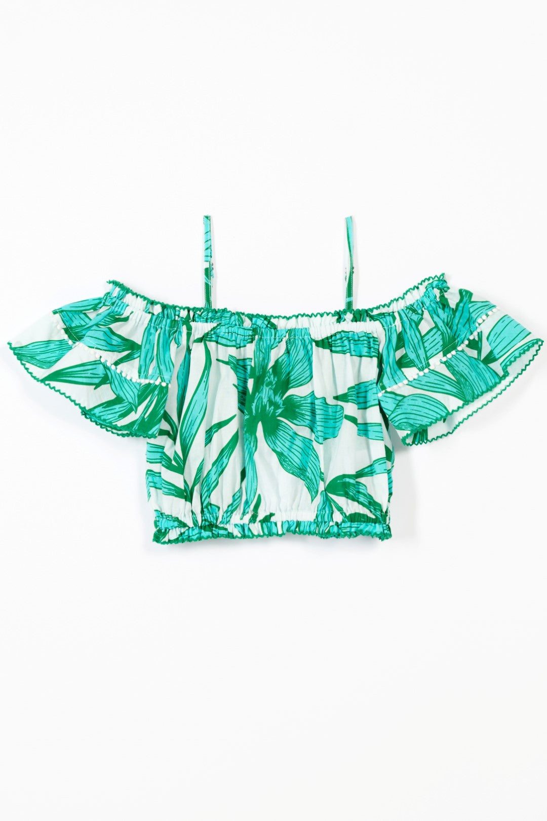 Green palm leaf print girls' top by Poupette St Barth, lightweight cotton with a relaxed fit and stylish design.
