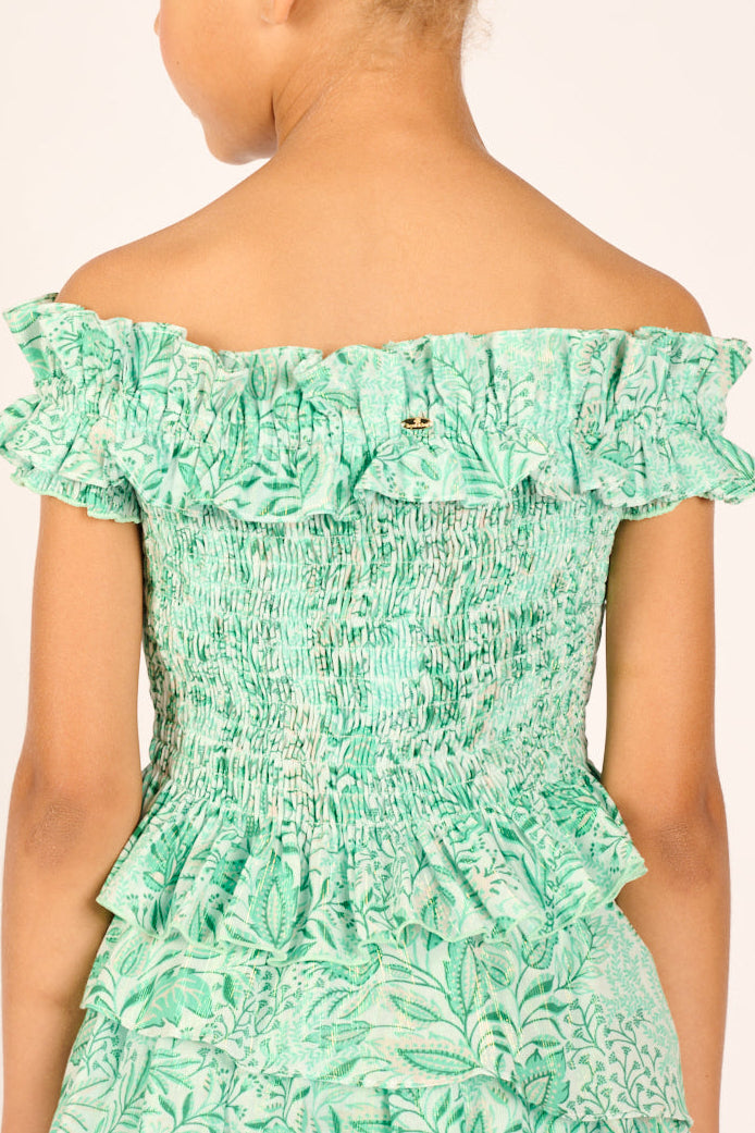 Green Palmarosa cotton metallic top for girls from Poupette St Barth, featuring a stylish and comfortable design.