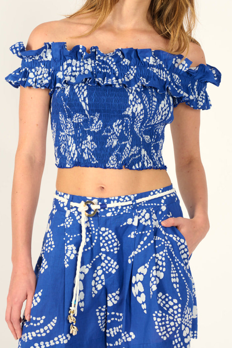 Blue Austral top – Top Alitza by Poupette St Barth, front view of off-the-shoulder smocked crop top