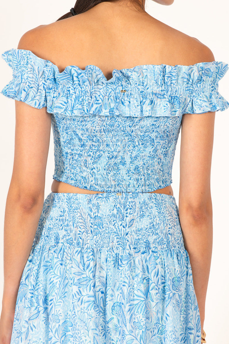 Blue cotton metallic top Alitza from Poupette St Barth, featuring a fitted style and subtle shimmer, in a vibrant blue Palmarosa shade.